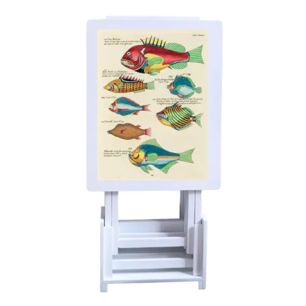 Juego de mesas auxiliares color blanco con ilustraciones coloridas y surrealistas de peces por Louis Renard